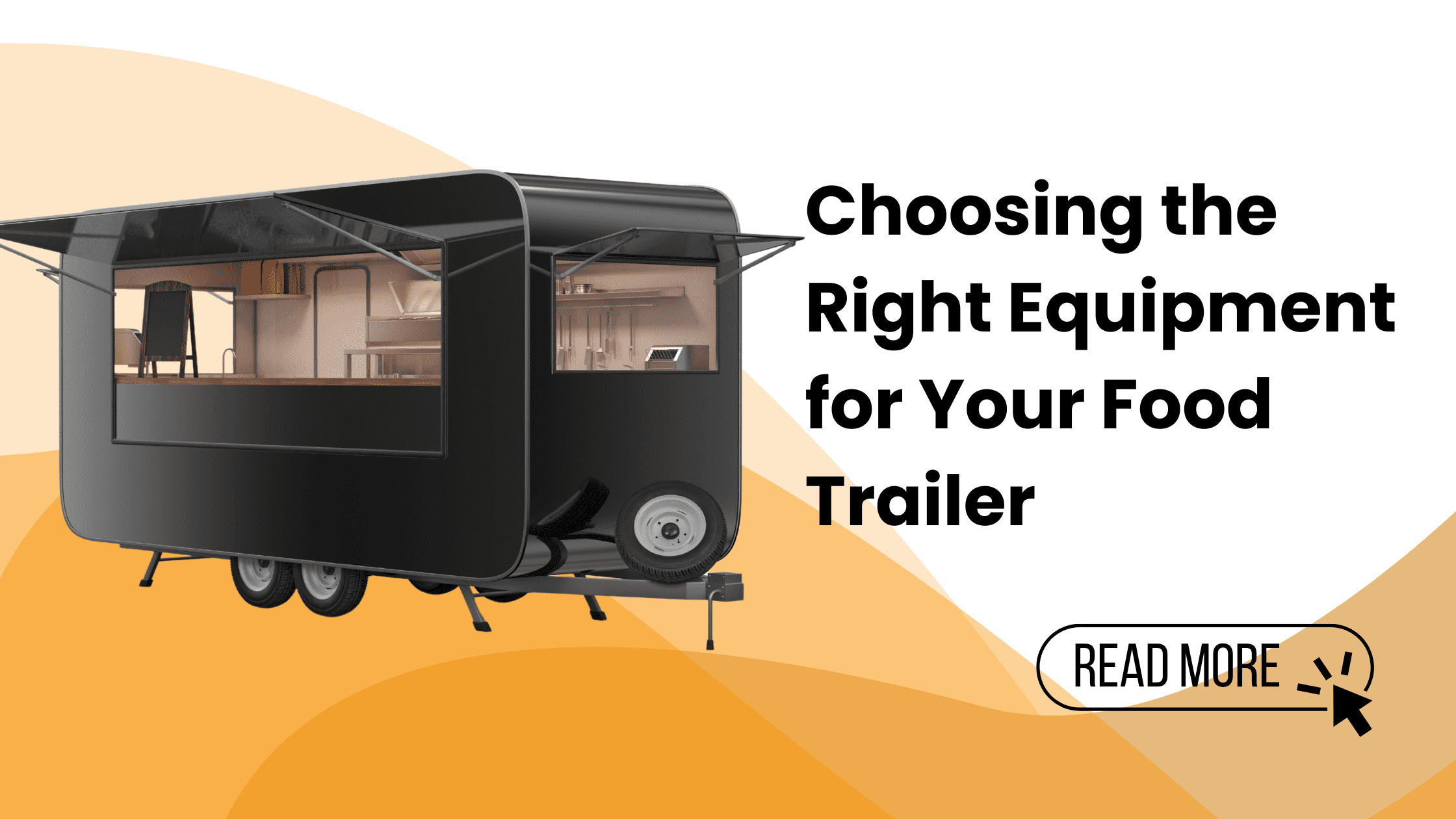 A black custom food trailer with the blog title and a read more button beside it.